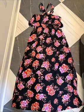Tularosa Black Maxi Dress with Pink and Coral Floral Print